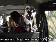 British lesbians lick each other's asses in a fake taxi