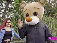 Skinny teen Rosario gets off in public with a milky bear