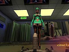 Enfermeiras vestidas de látex usam vácuo e bombam para dar prazer a um paciente em um jogo 3D de realidade virtual