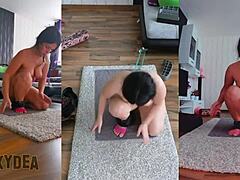 Yoga and exercise with three naked models