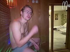 Russian talk and deepthroat in hotel sauna with a risky blowjob