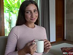 Tiny brunette from dating site gets invited for tea and gives a blowjob