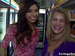 Threesome at a public minimart with college girls Dixie Belle and Serena Torres