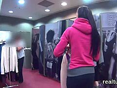 European beauty strips and gets a POV blowjob in a public place