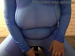A curvy wife in a revealing cosplay outfit indulges in self-pleasure with a large dildo