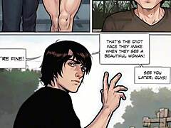 Förförisk brunett kroppsbyggare lär en ung man om sex i en komisk illustration